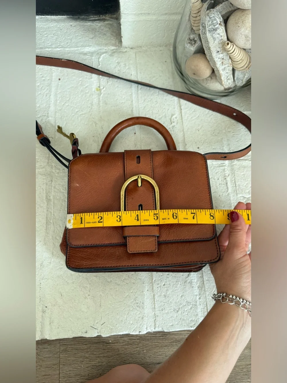 Fossil Wiley Mini Leather Satchel Brown Cognac Crossbody Bag Top Handle Buckle